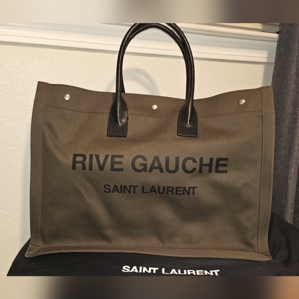 RIVE GAUCHE Saint Laurent Large Canvas & Leather Tote. *Olive Green*